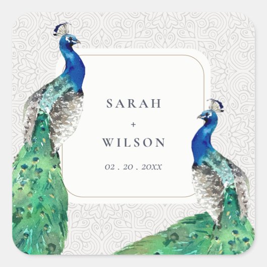 Elegant Classy  Waterverf Peacock Wedding Vierkante Sticker (Voorkant)