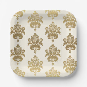 Elegant Classy White Gold Damask Pattern Papieren Bordje
