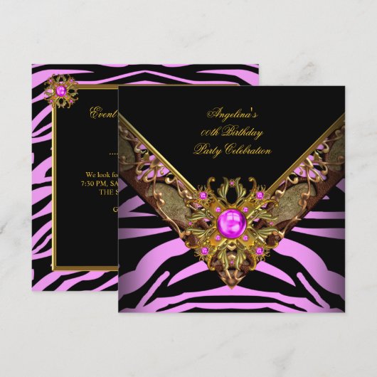 Elegant Classy Zebra Pink Gold Birthday Party Kaart (Voorkant / Achterkant)