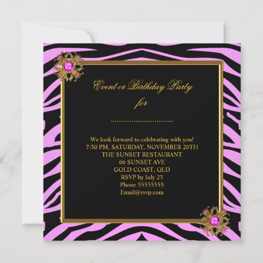 Elegant Classy Zebra Pink Gold Birthday Party Kaart (Achterkant)