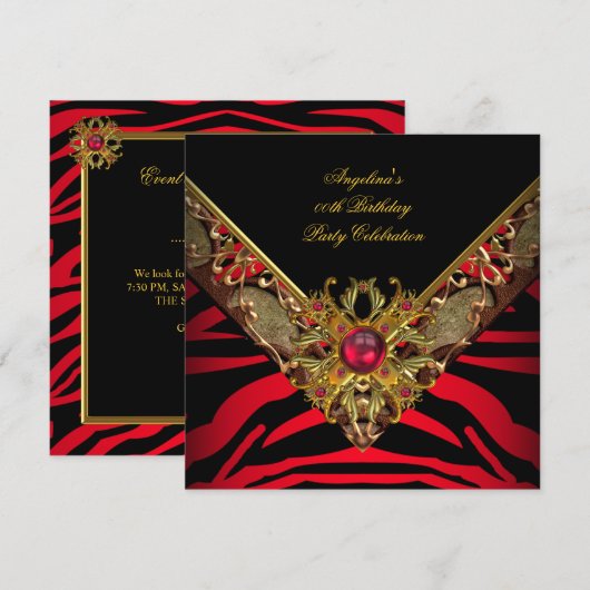 Elegant Classy Zebra Red Gold Birthday Party Kaart (Voorkant / Achterkant)