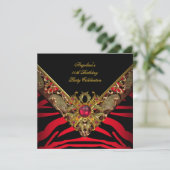 Elegant Classy Zebra Red Gold Birthday Party Kaart (Staand voorkant)