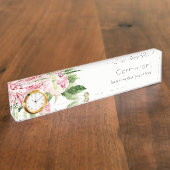 Elegant Clean Pink Green Waterverf Peony Floral Naambordje (Zijkant)