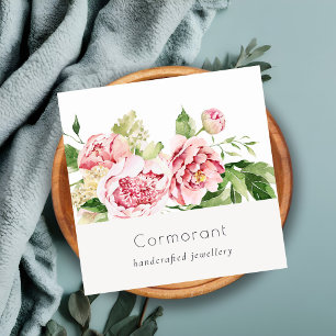 Elegant Clean Pink Green Waterverf Peony Floral Vierkante Visitekaartje