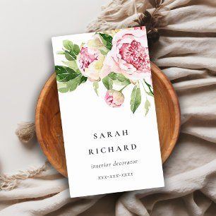 Elegant Clean Pink Green Waterverf Peony Floral Visitekaartje