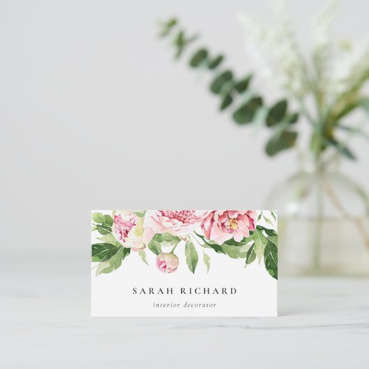 Elegant Clean Pink Green Waterverf Peony Floral Visitekaartje (Staand voorkant)