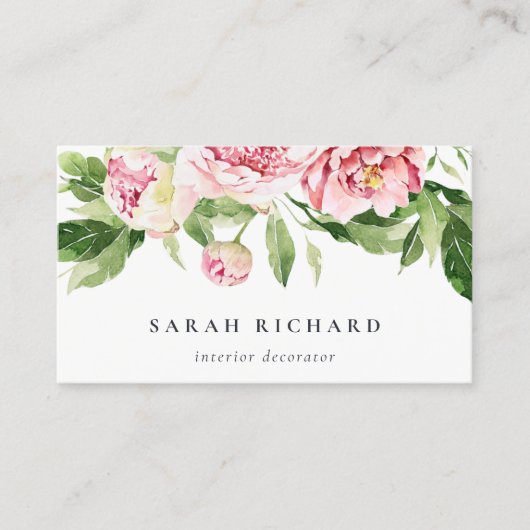 Elegant Clean Pink Green Waterverf Peony Floral Visitekaartje (Voorkant)