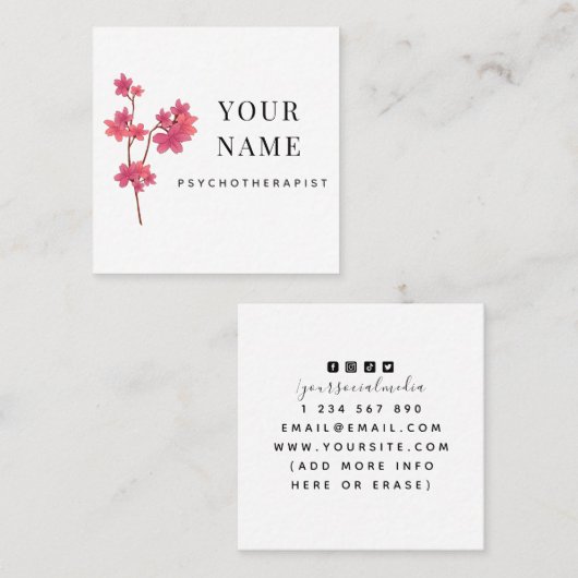 Elegant Clean Sakura Branch Psychotherapeut Flower Vierkante Visitekaartje (Voorkant / Achterkant)