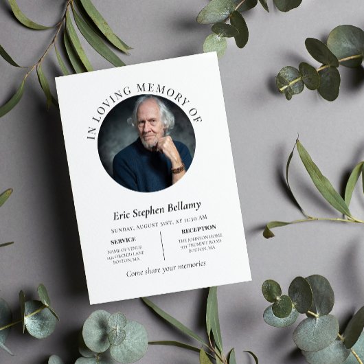 Elegant Clean White Round Photo Memorial Funeral Kaart
