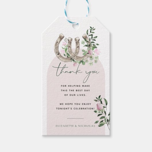 Elegant Clover Hoefijzers Botanical Wedding Cadeaulabel (Voorkant)