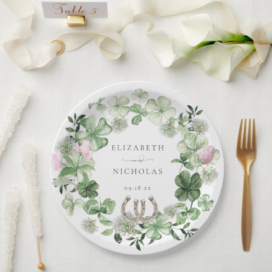 Elegant Clover Hoefijzers Botanical Wedding Papieren Bordje (Huwelijk)