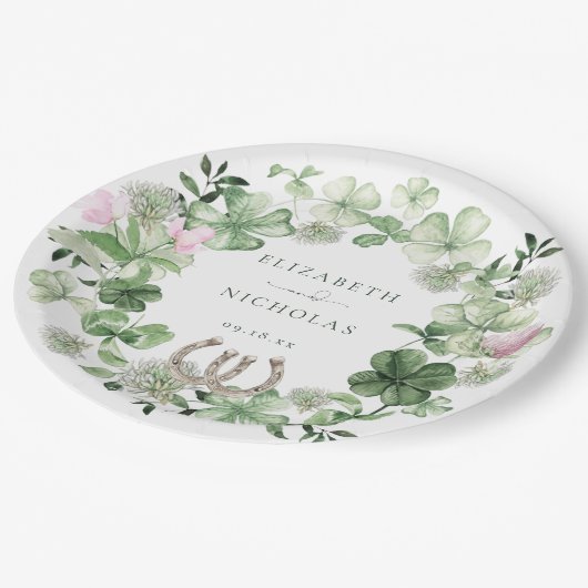 Elegant Clover Hoefijzers Botanical Wedding Papieren Bordje (Gekanteld)