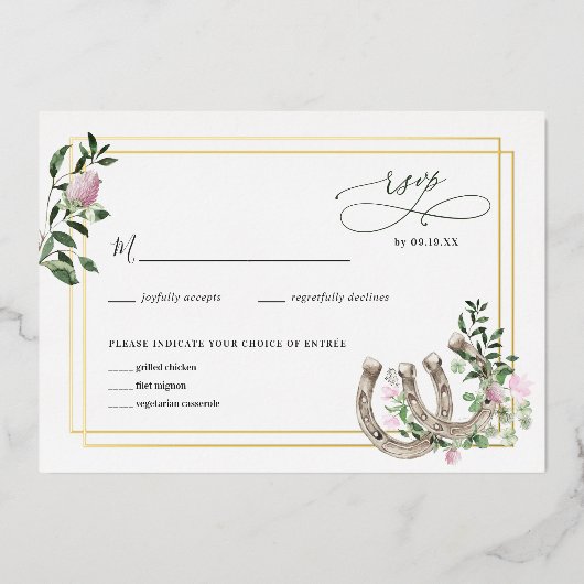 Elegant Clover Hoefijzers Botanical Wedding RSVP Folie Uitnodiging (Voorkant)
