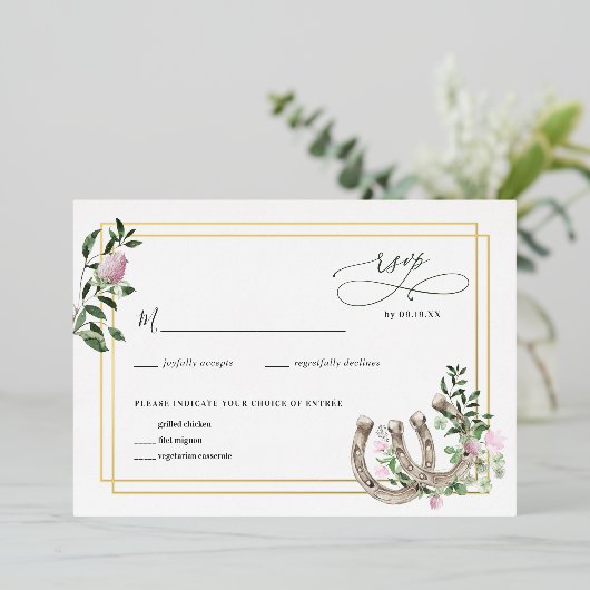 Elegant Clover Hoefijzers Botanical Wedding RSVP Folie Uitnodiging (Staand Voorkant)