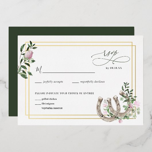 Elegant Clover Hoefijzers Botanical Wedding RSVP Folie Uitnodiging (Voorkant / Achterkant)