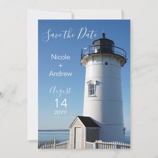 Elegant Coastal Blue Lighthouse Save The Date (Voorkant)