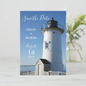 Elegant Coastal Blue Lighthouse Save The Date (Staand voorkant)