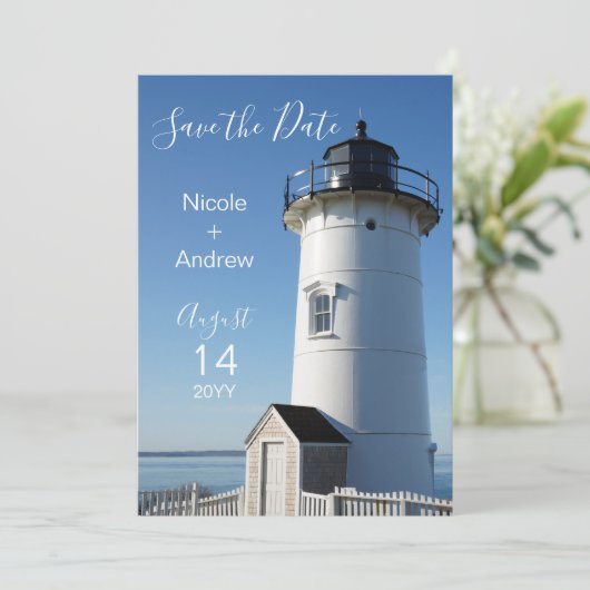 Elegant Coastal Blue Lighthouse Save The Date (Staand voorkant)