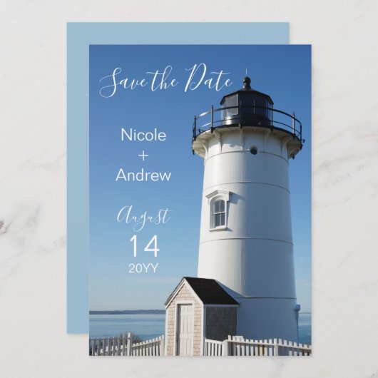 Elegant Coastal Blue Lighthouse Save The Date (Voorkant / Achterkant)