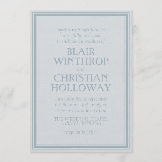 Elegant Coastal Blue Modern Wedding Invitation Kaart (Voorkant)
