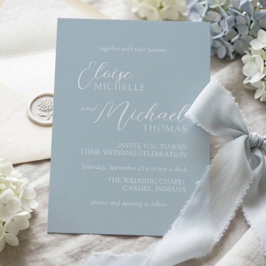 Elegant Coastal Blue Script Wedding Invitation Kaart