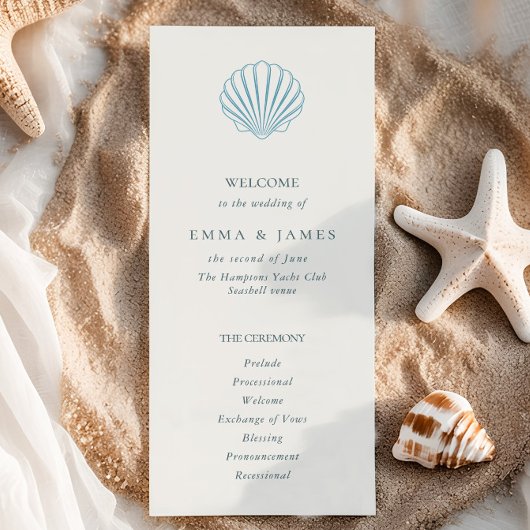 Elegant Coastal Blue Seashell Wedding Program