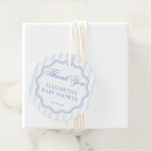 Elegant Coastal Blue Stripe Wavy Script Thank You Bedankjes Labels (In situ)