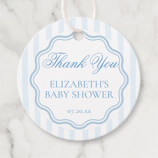 Elegant Coastal Blue Stripe Wavy Script Thank You Bedankjes Labels (Voorkant)