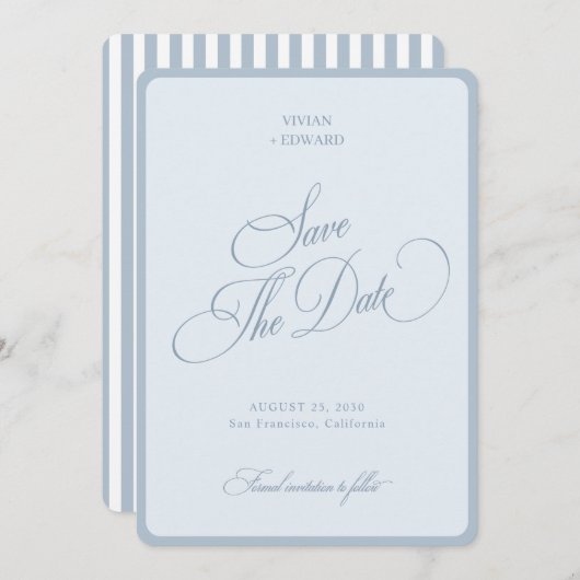 Elegant Coastal Blue Stripes Border Retro Wedding Save The Date (Voorkant / Achterkant)