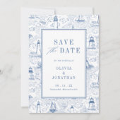 Elegant Coastal Blue Toile Wedding Photo Save The Date (Voorkant)