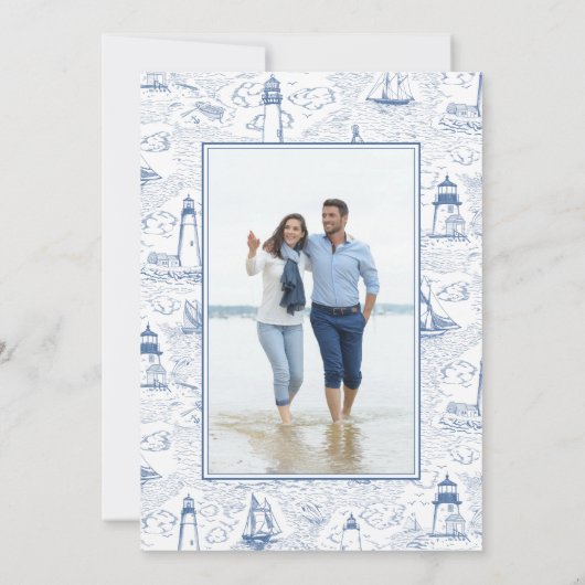 Elegant Coastal Blue Toile Wedding Photo Save The Date (Achterkant)