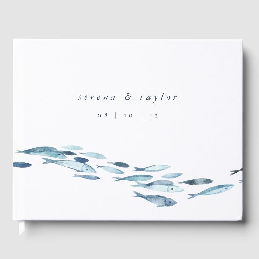 Elegant Coastal Blue Waterverf Fish Wedding Gastenboek (Voorkant)