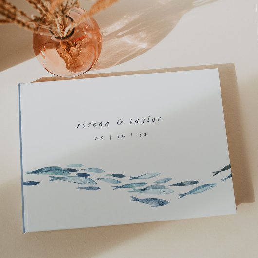 Elegant Coastal Blue Waterverf Fish Wedding Gastenboek