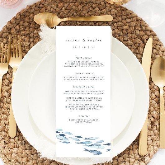 Elegant Coastal Blue Waterverf Fish Wedding Menu