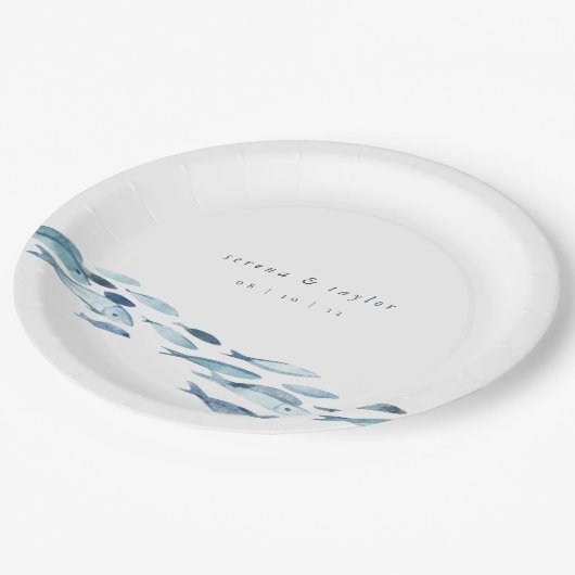 Elegant Coastal Blue Waterverf Fish Wedding Papieren Bordje (Gekanteld)