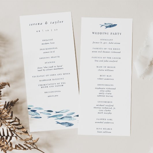 Elegant Coastal Blue Waterverf Fish Wedding Programmakaart