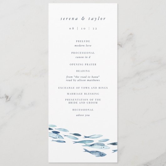 Elegant Coastal Blue Waterverf Fish Wedding Programmakaart (Voorkant)