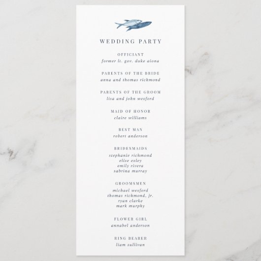 Elegant Coastal Blue Waterverf Fish Wedding Programmakaart (Achterkant)