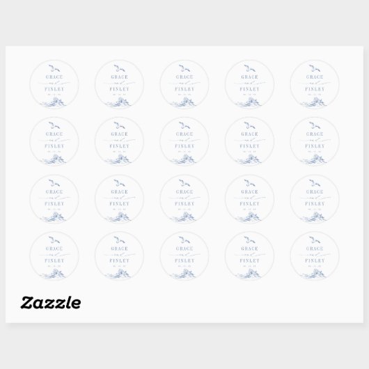 Elegant Coastal Chic Blue Seaside Wedding Ronde Sticker (Vel)