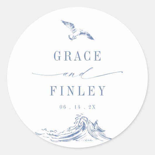Elegant Coastal Chic Blue Seaside Wedding Ronde Sticker (Voorkant)