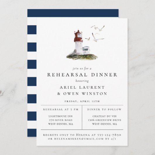 Elegant Coastal Lighthouse Rehearsal Dinner Aankondiging (Voorkant / Achterkant)