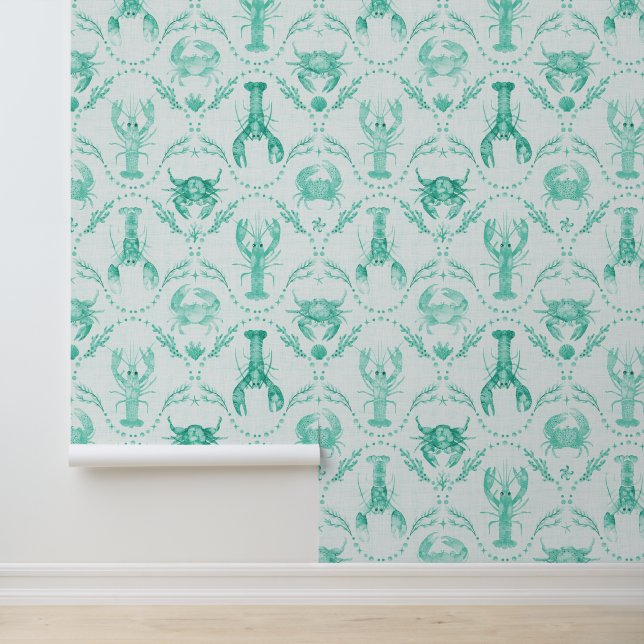 Elegant Coastal Lobster and Crabs in Mint Green Behang (Applicatie)