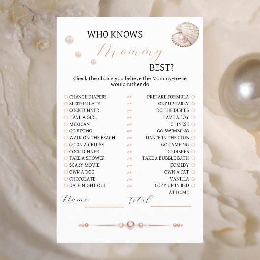 Elegant Coastal Pearl Baby shower spel Wie weet Flyer
