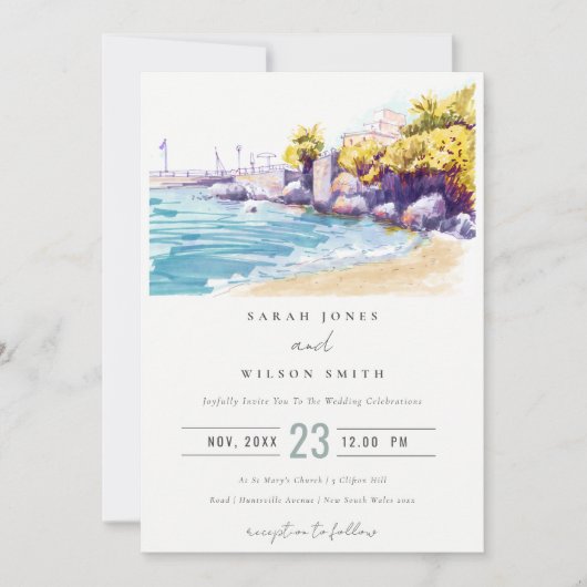 Elegant Coastal Sand Beach Rocky Seascape Wedding Kaart (Voorkant)