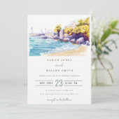 Elegant Coastal Sand Beach Rocky Seascape Wedding Kaart (Staand voorkant)
