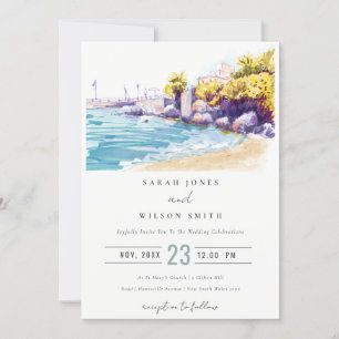 Elegant Coastal Sand Beach Rocky Seascape Wedding Kaart