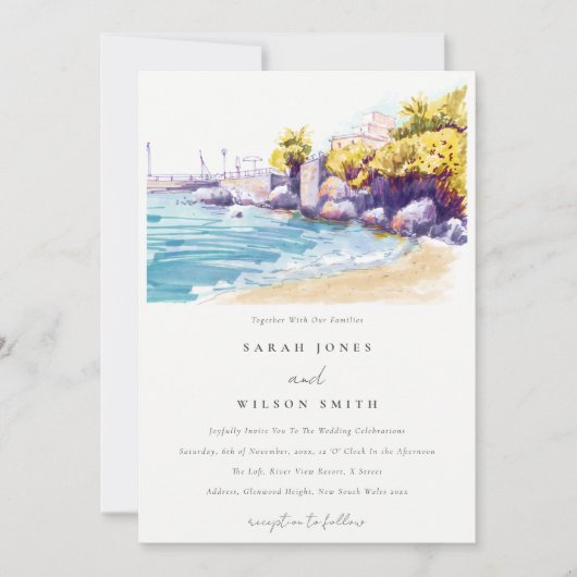 Elegant Coastal Sand Beach Rocky Seascape Wedding Kaart (Voorkant)