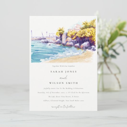 Elegant Coastal Sand Beach Rocky Seascape Wedding Kaart (Staand voorkant)