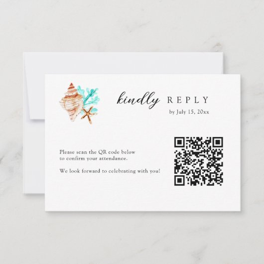Elegant Coastal Seashell QR Code Beach Wedding RSVP Kaartje (Voorkant)