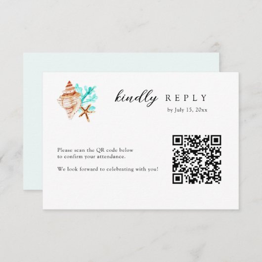 Elegant Coastal Seashell QR Code Beach Wedding RSVP Kaartje (Voorkant / Achterkant)